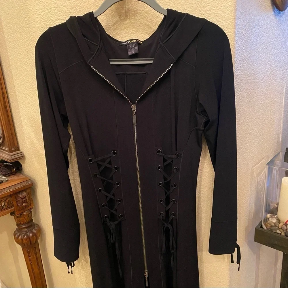 EVO VORRO Women Black Long Sleeve Hooded Lace Up Long Jacket Dress Size Small